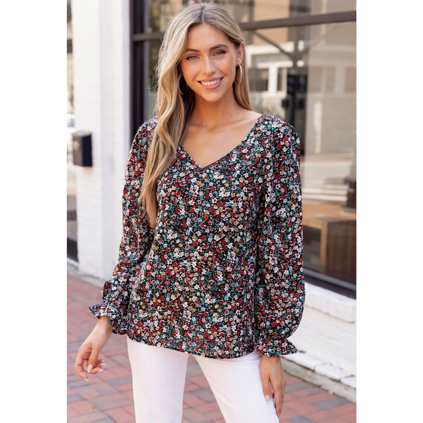 Cupshe Red Ditsy V-Neck Puff Sleeve Blouse | Small | NEW