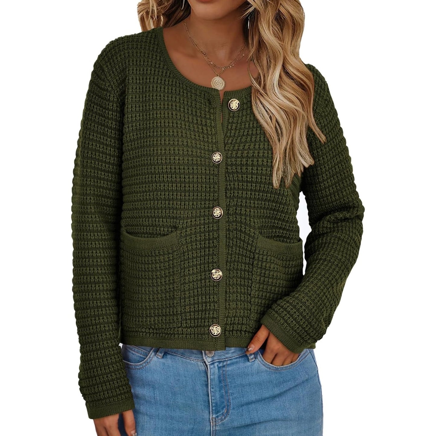 PRETTYGARDEN Army Green Knit Cardigan Sweater Women’s Size L Button Front Pocket