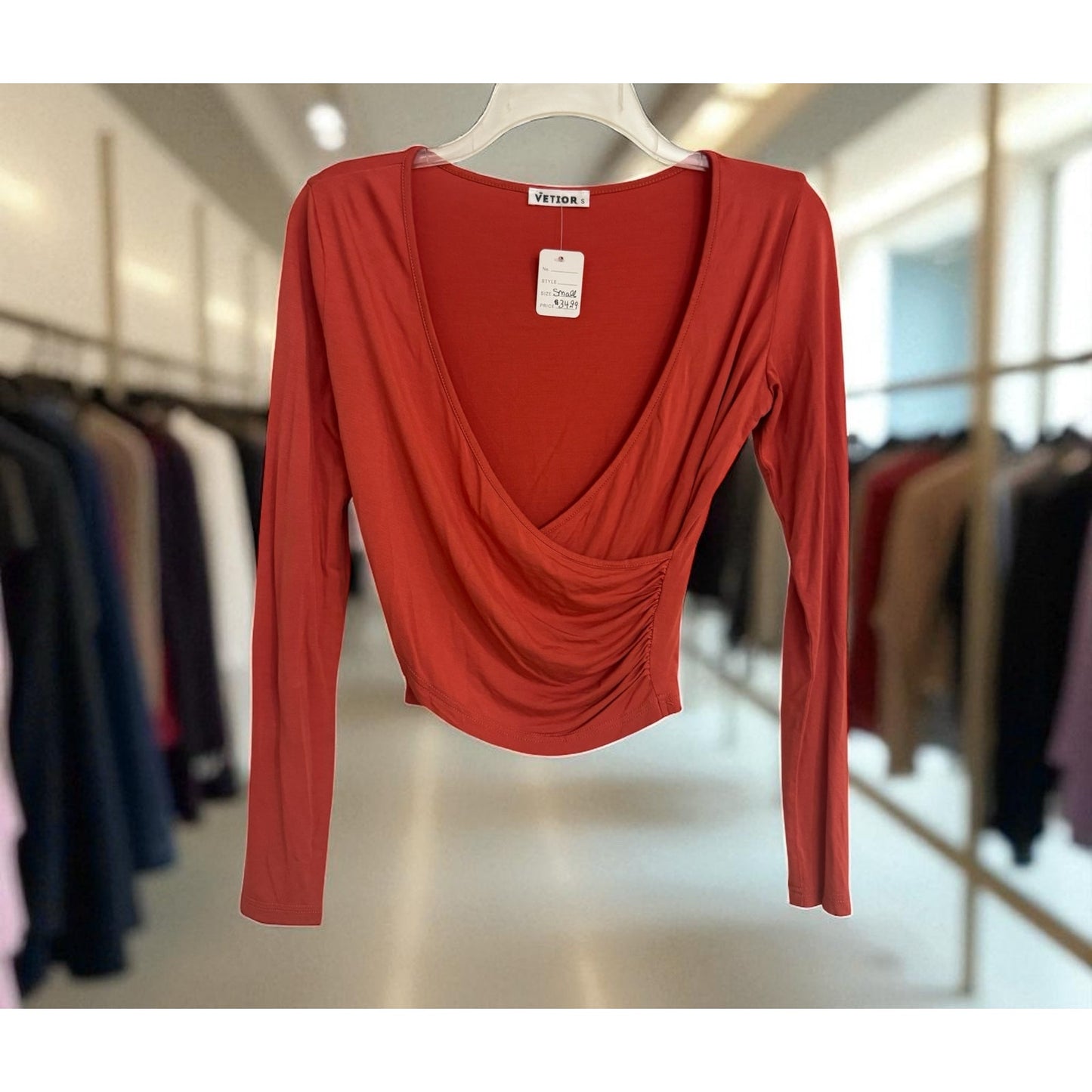 Vetior Rust Red Drape Front Long Sleeve Top – Size Small | NEW