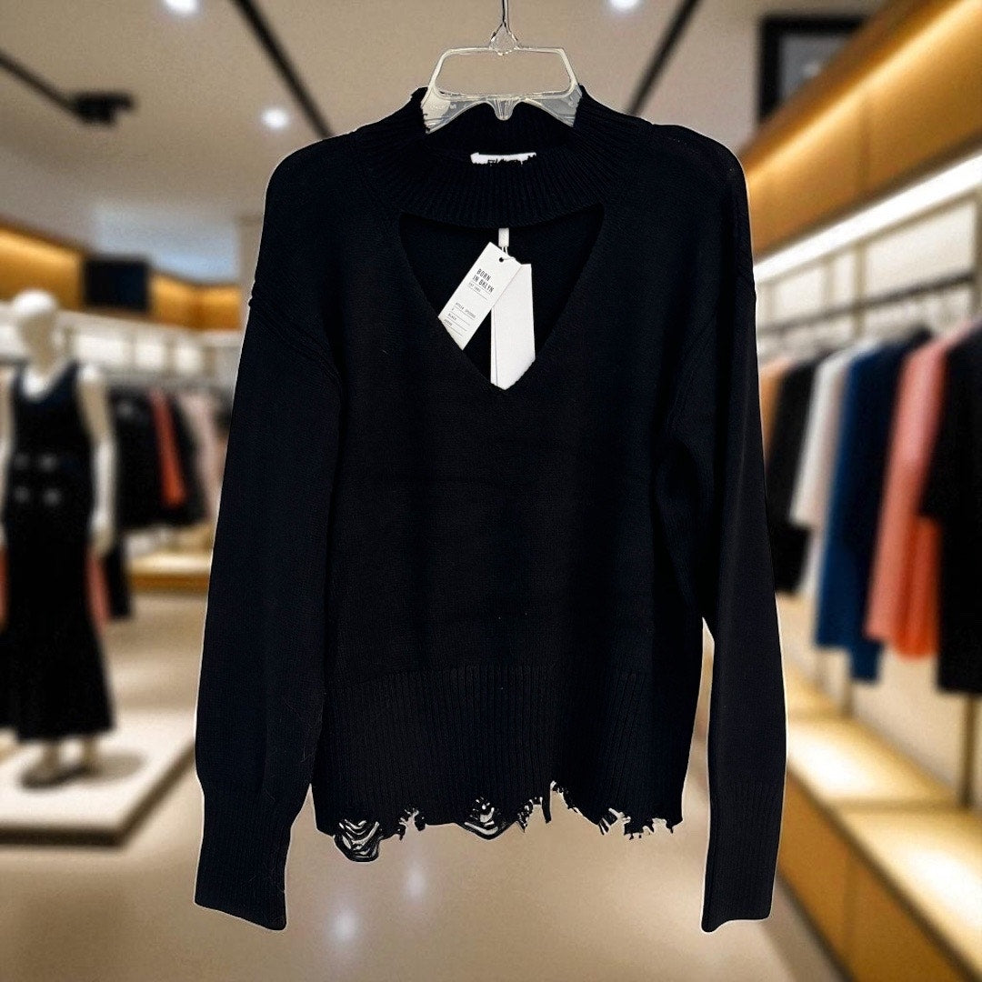 525 America Born in BKLYN Distressed Mock Neck Sweater – Size S – Black NWT