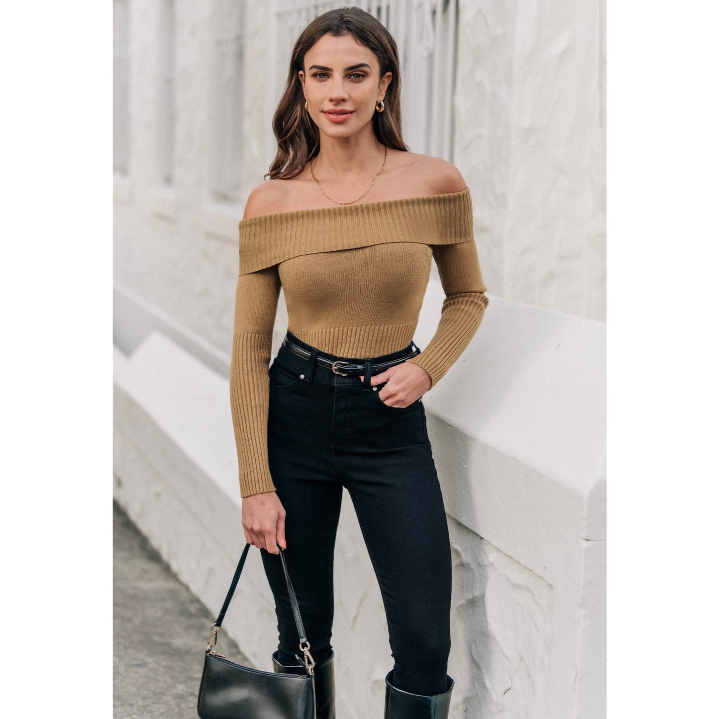 Cupshe Camel Off Shoulder Sweater Ribbed Knit Crop Top Size Medium NWT