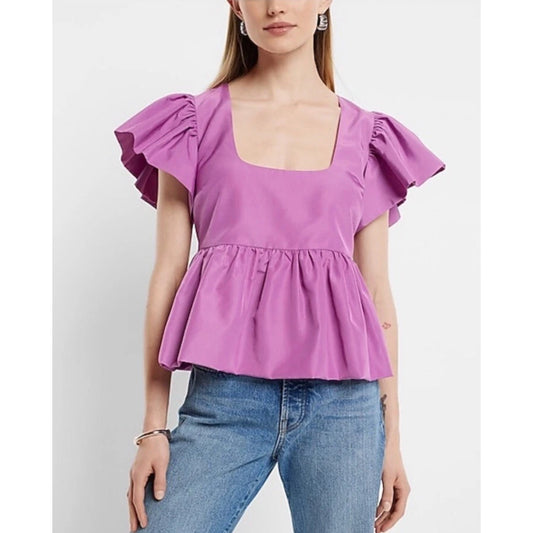 Express Purple Ruffle Sleeve Peplum Top – Size S
