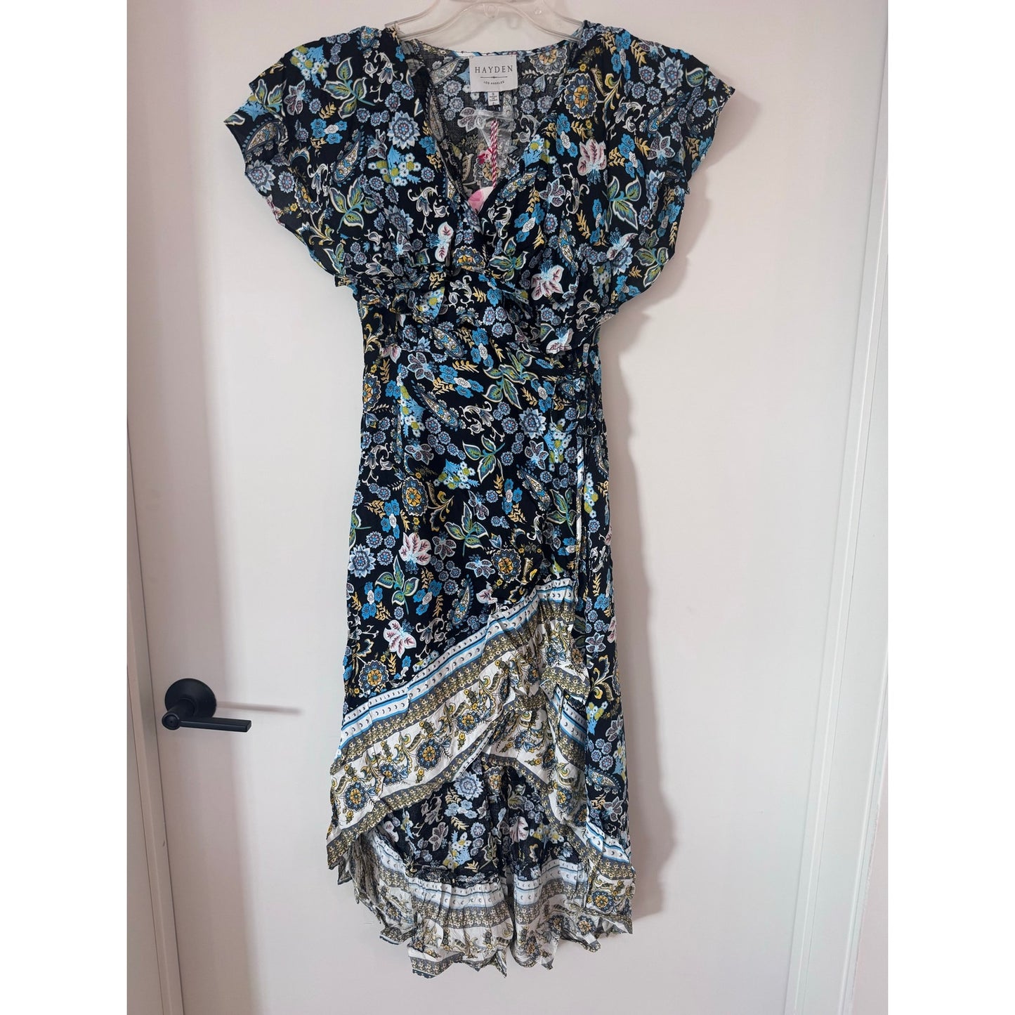 Hayden LA Black Floral Wrap Dress High Low Boho Ruffle Size Small NEW
