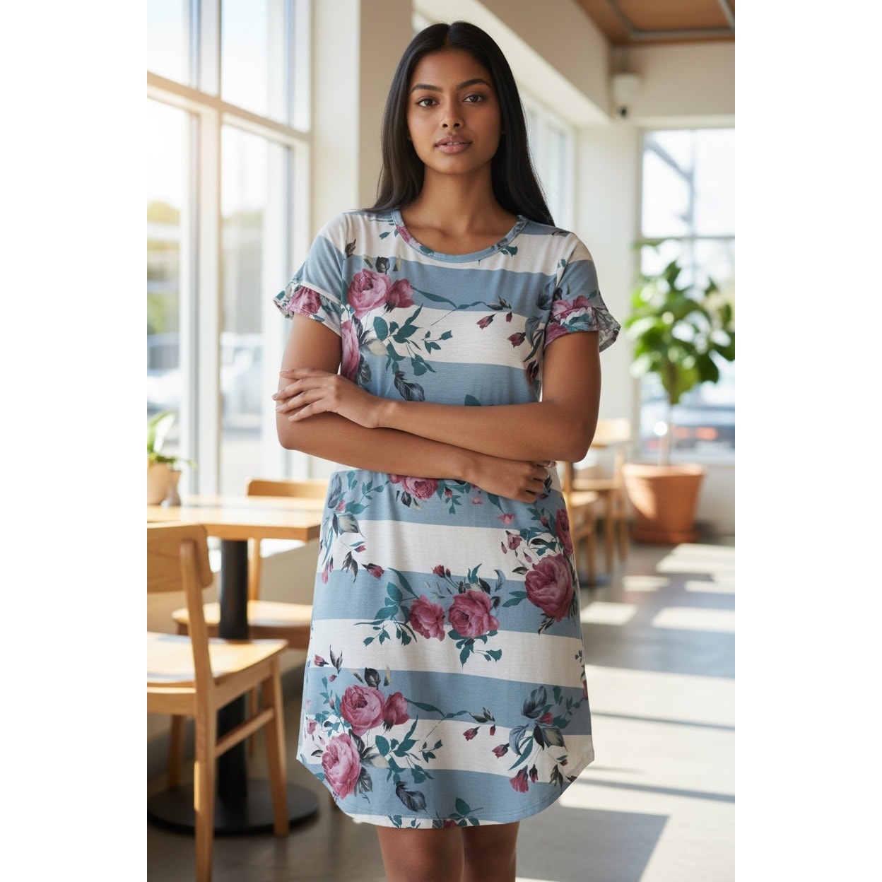 Viamor Floral Stripe Dress Small Blue Pink A-Line Casual NEW Boutique