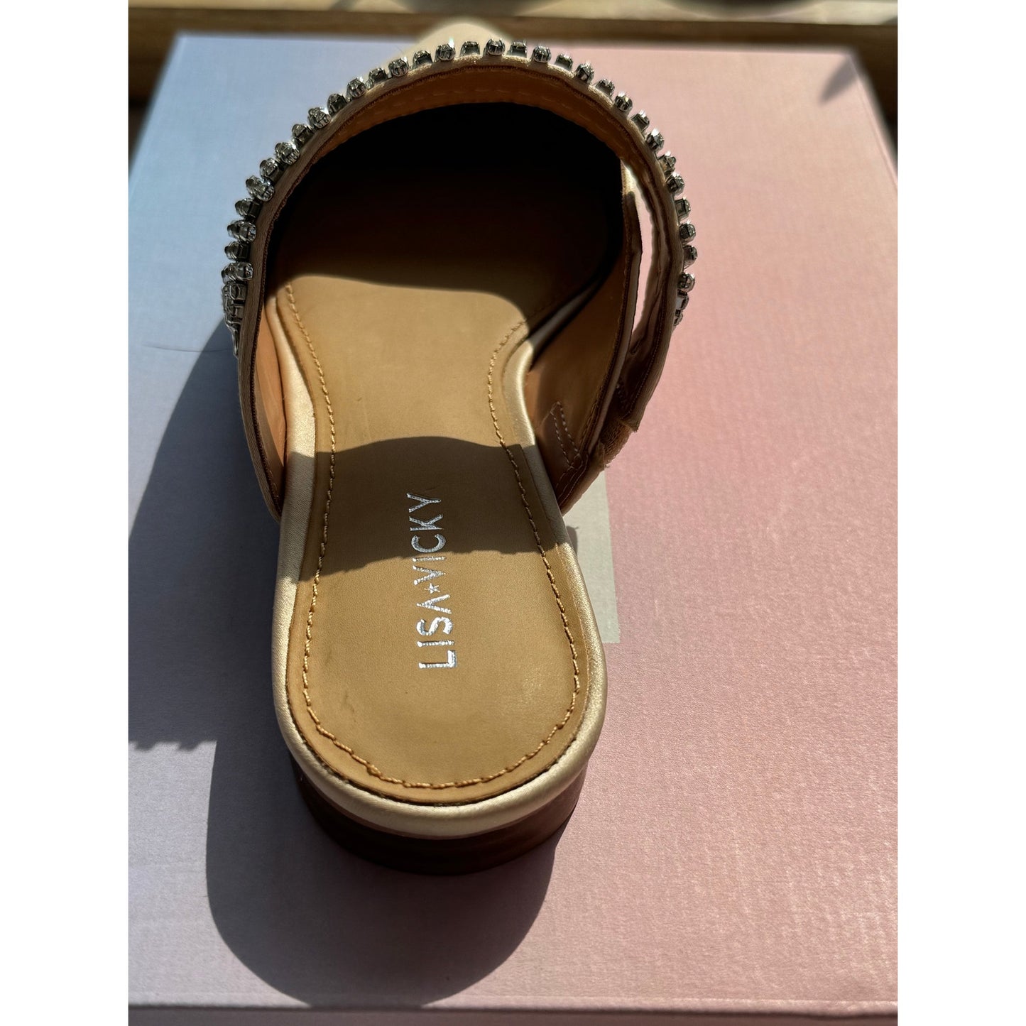Lisa Vicky MOVE-V Champagne Satin Flats – Rhinestone Strap – Size 7 NEW