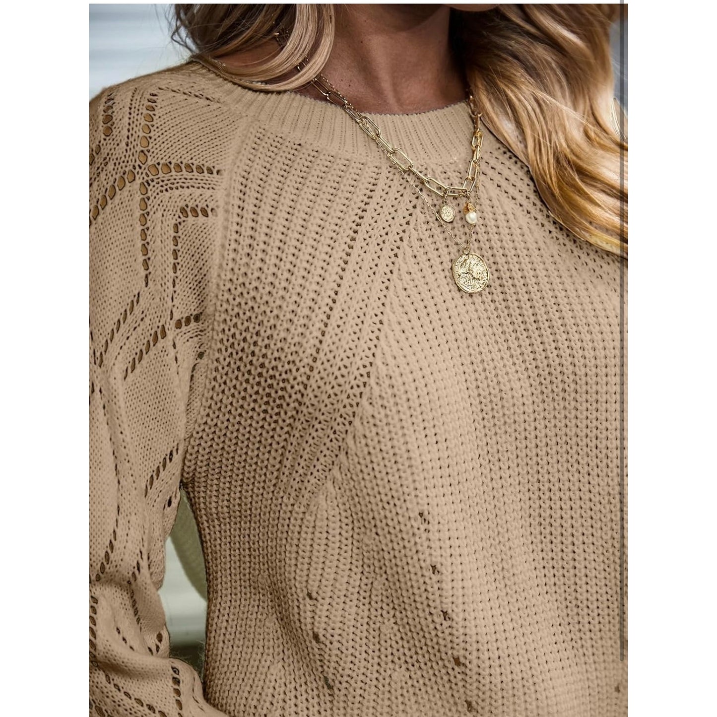 Cupshe Khaki Pointelle Knit Sweater NEW Large Crewneck Pullover