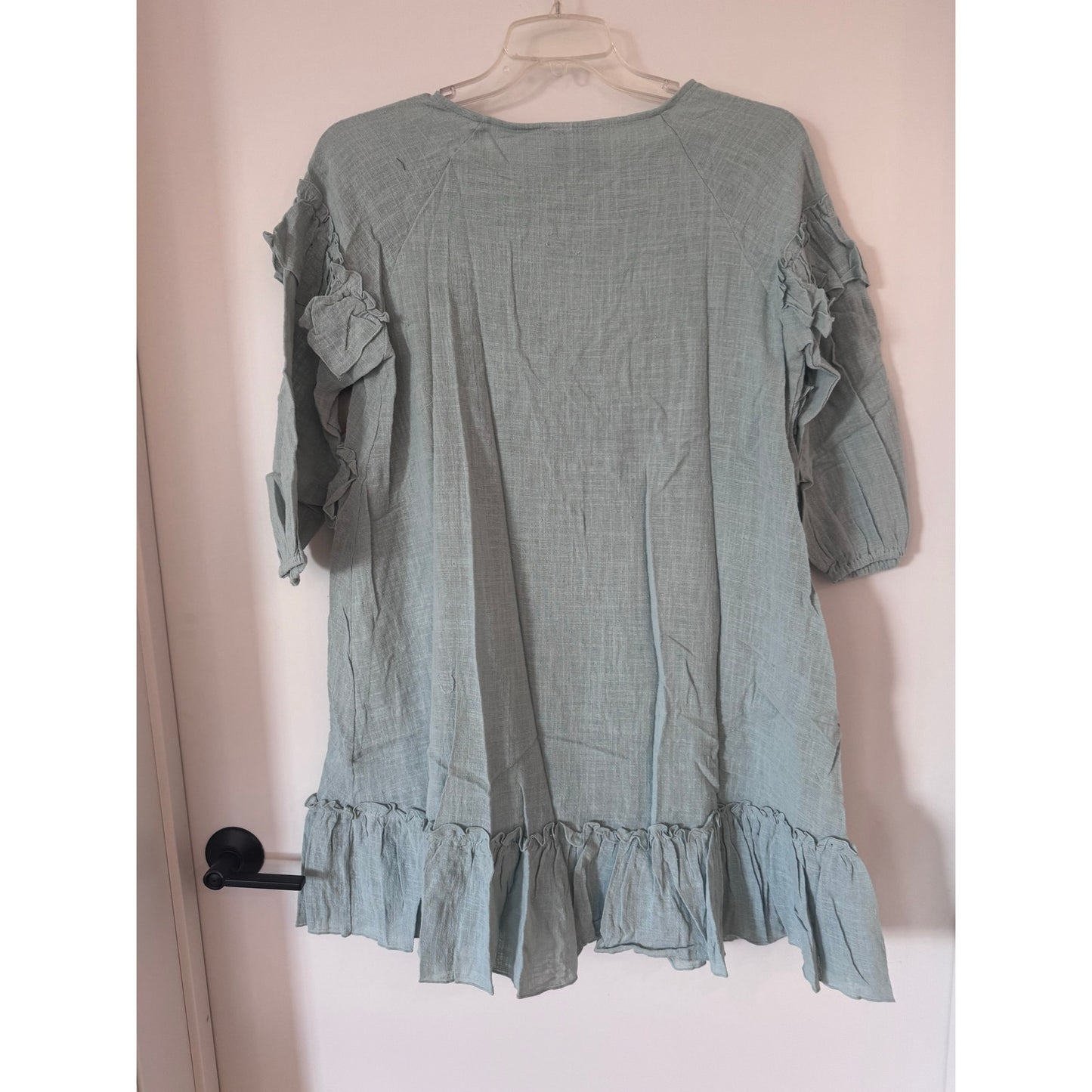 Hayden LA Dusty Mint Ruffle Tie Neck Dress Tunic | Size Large | Boho Cotton