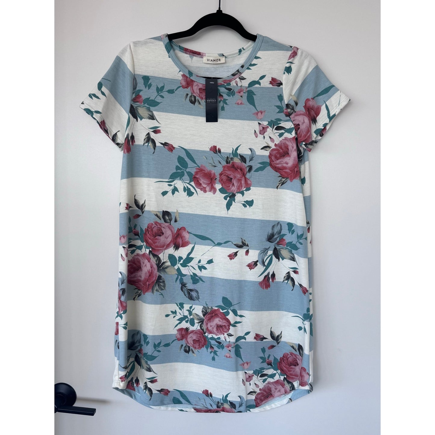 Viamor Floral Stripe Dress Small Blue Pink A-Line Casual NEW Boutique