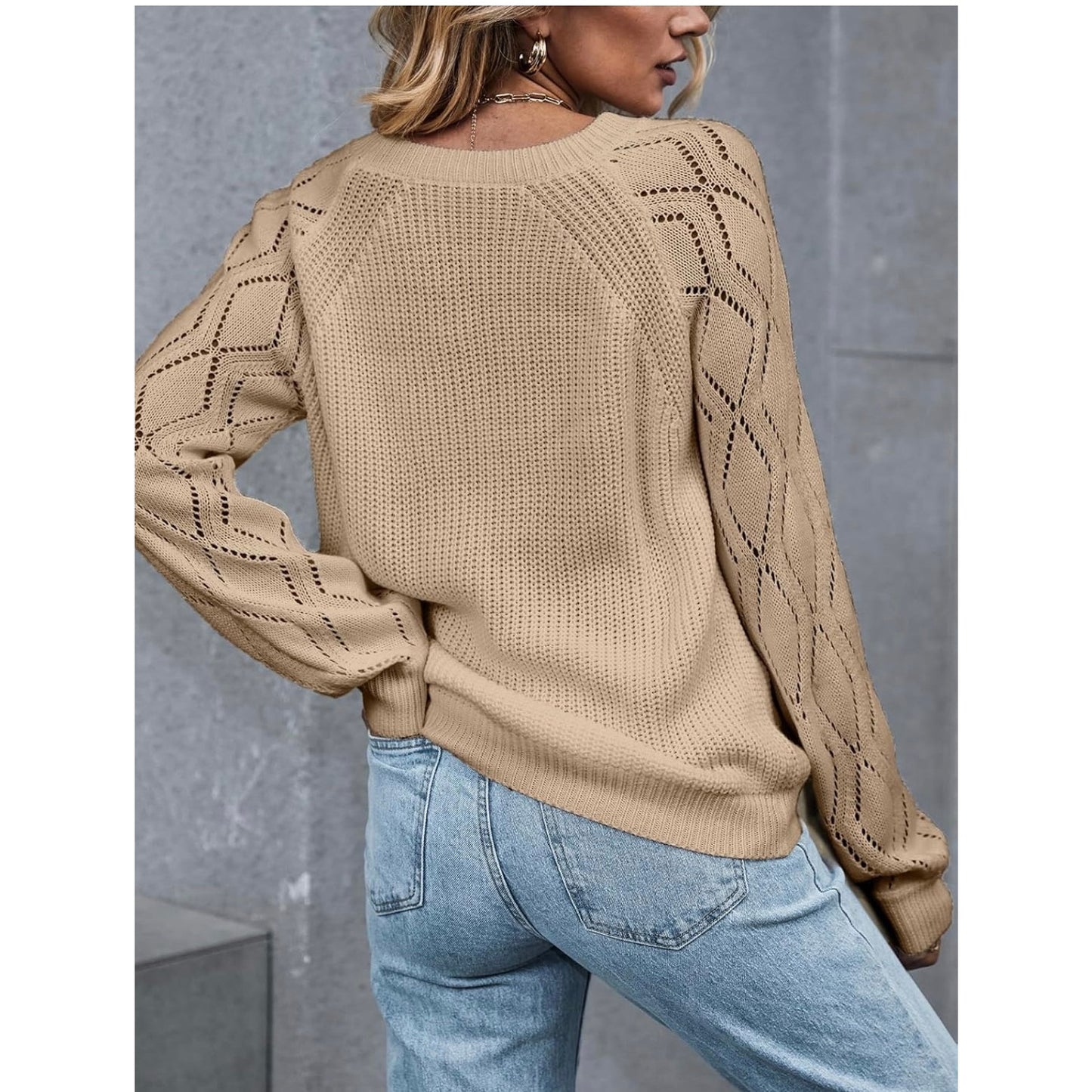 Cupshe Khaki Pointelle Knit Sweater NEW Large Crewneck Pullover