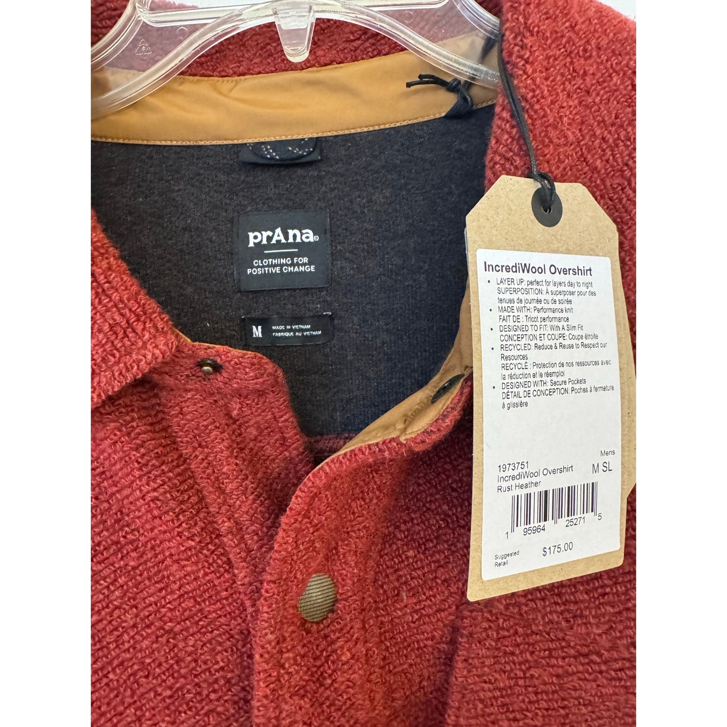 prAna IncrediWool Overshirt Men's Medium Rust Heather | NEW