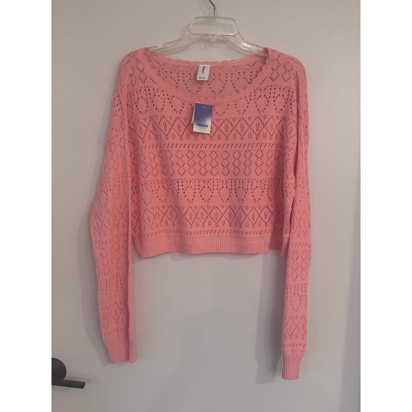 Abound Pointelle Knit Cropped Sweater Pink Hydrangea Large NEW Lightweight