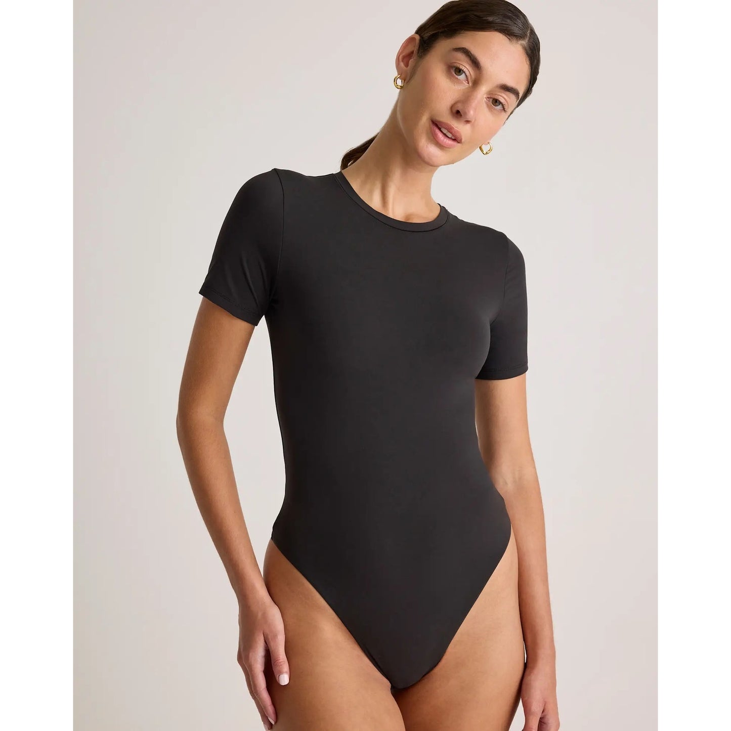 Quince Second Skin T-Shirt Bodysuit Medium Black Thong Back NEW