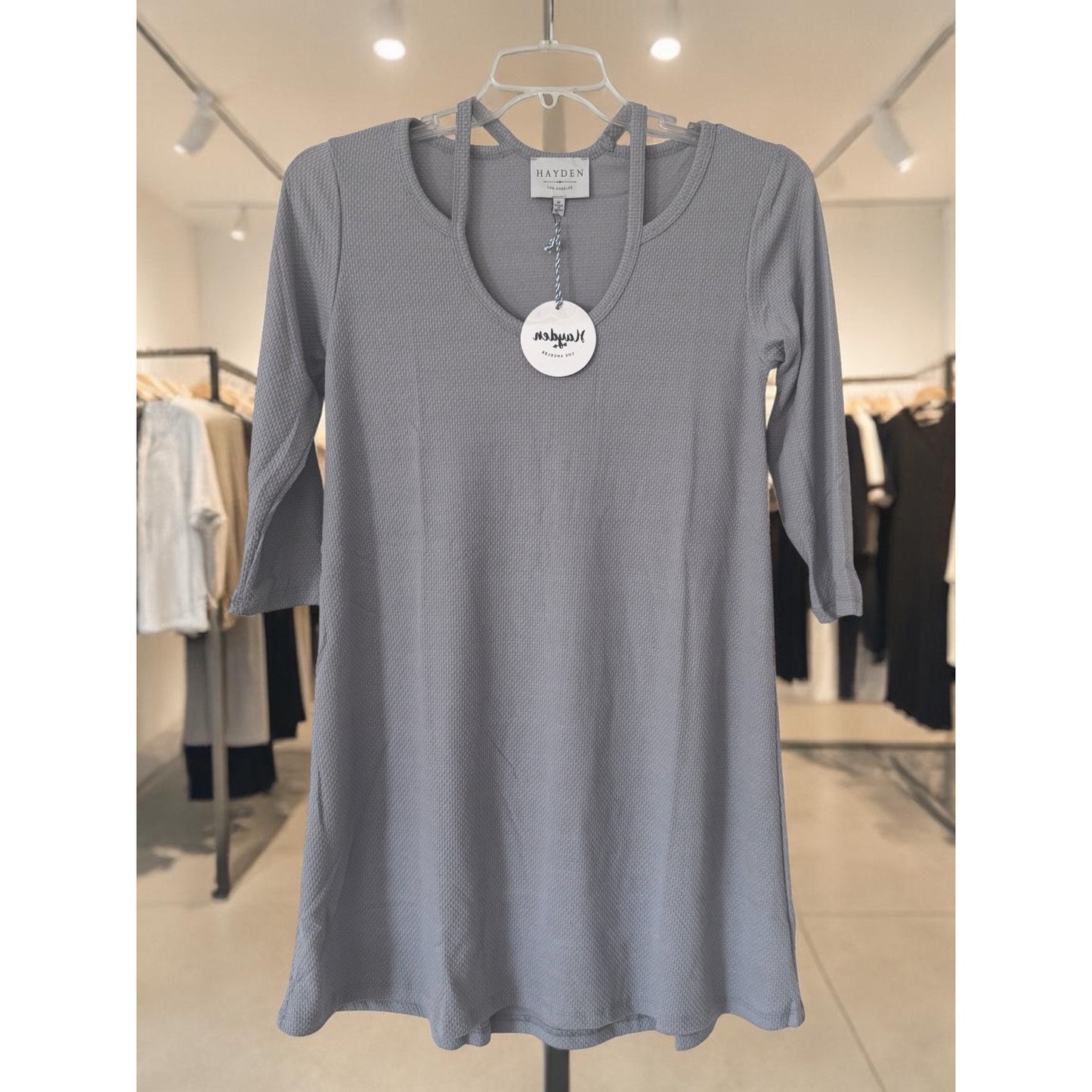 Hayden Los Angeles Silver Textured Knit Dress Medium NEW Strappy Neck 3/4 Sleeve