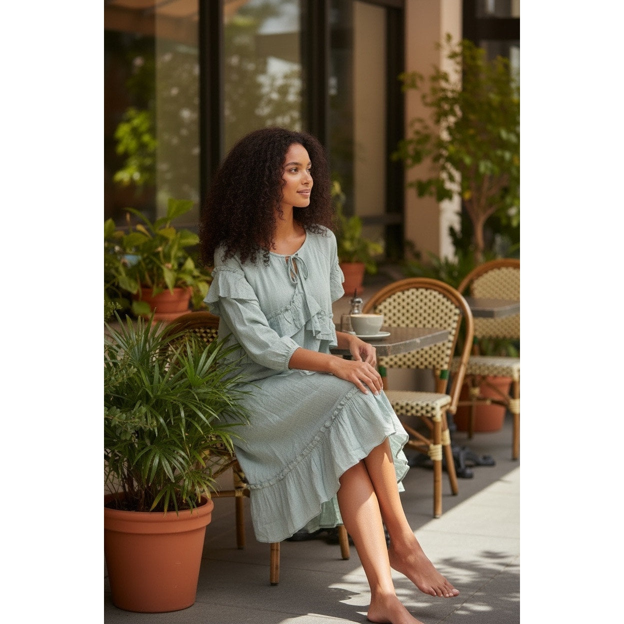 Hayden LA Dusty Mint Ruffle Tie Neck Dress Tunic | Size Large | Boho Cotton