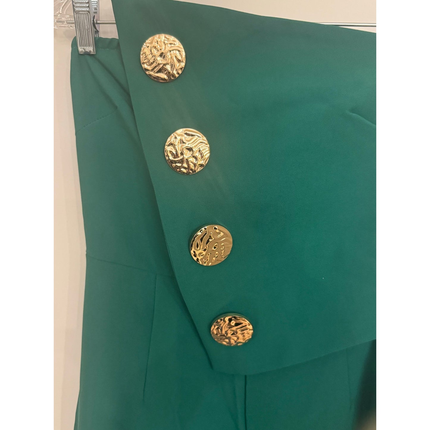 CHICME Emerald Green Strapless Jumpsuit Gold Button Wide Leg Pants Small