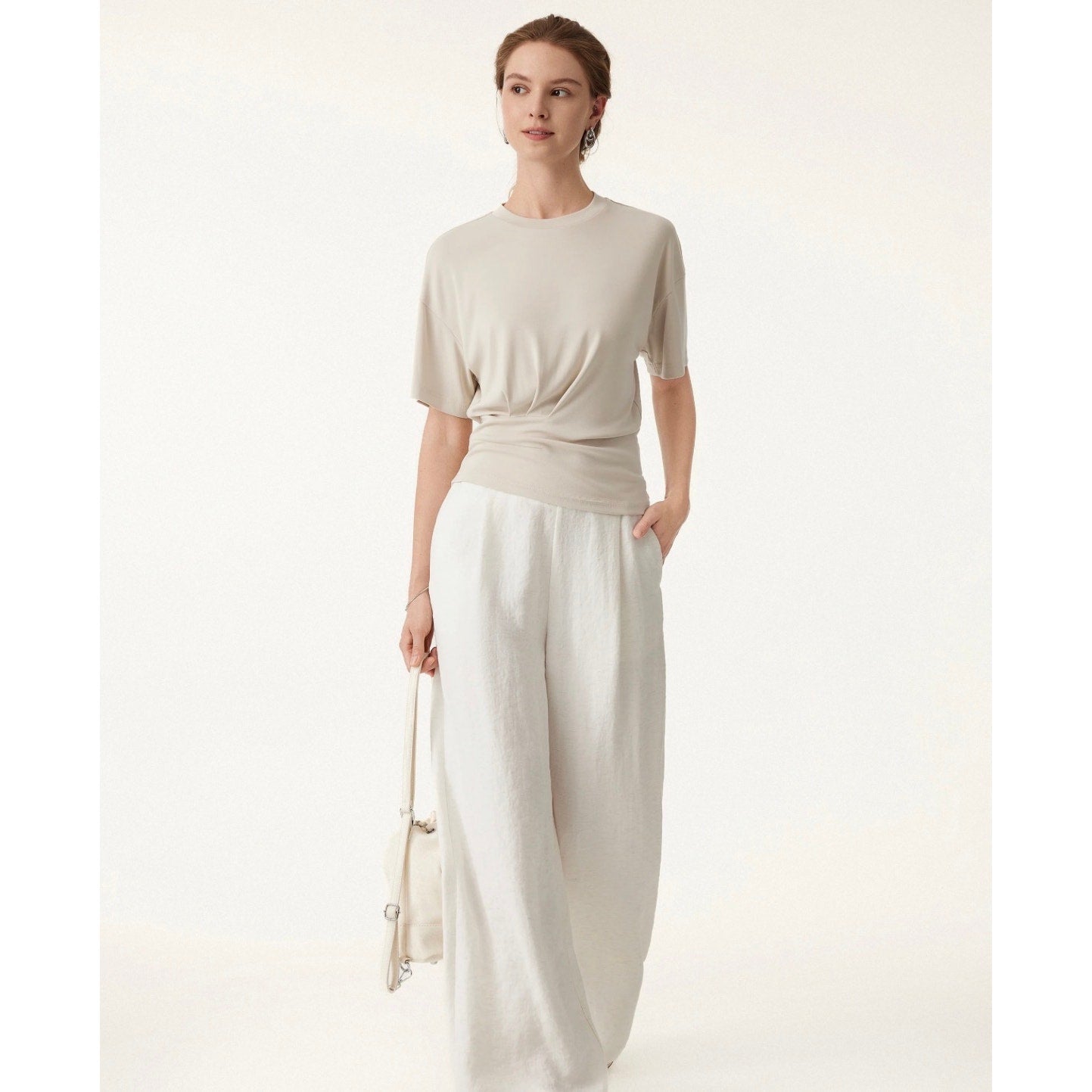 OGL Move NEW Ivory Crewneck Tucked Waist Tee Minimalist Top | Large