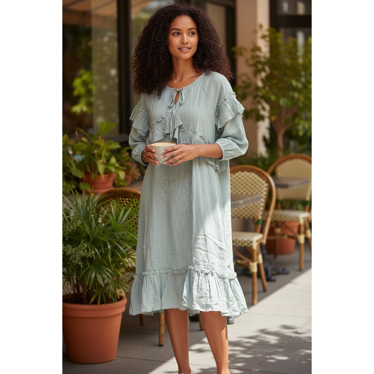 Hayden LA Dusty Mint Ruffle Tie Neck Dress Tunic | Size Large | NEW Boho Cotton