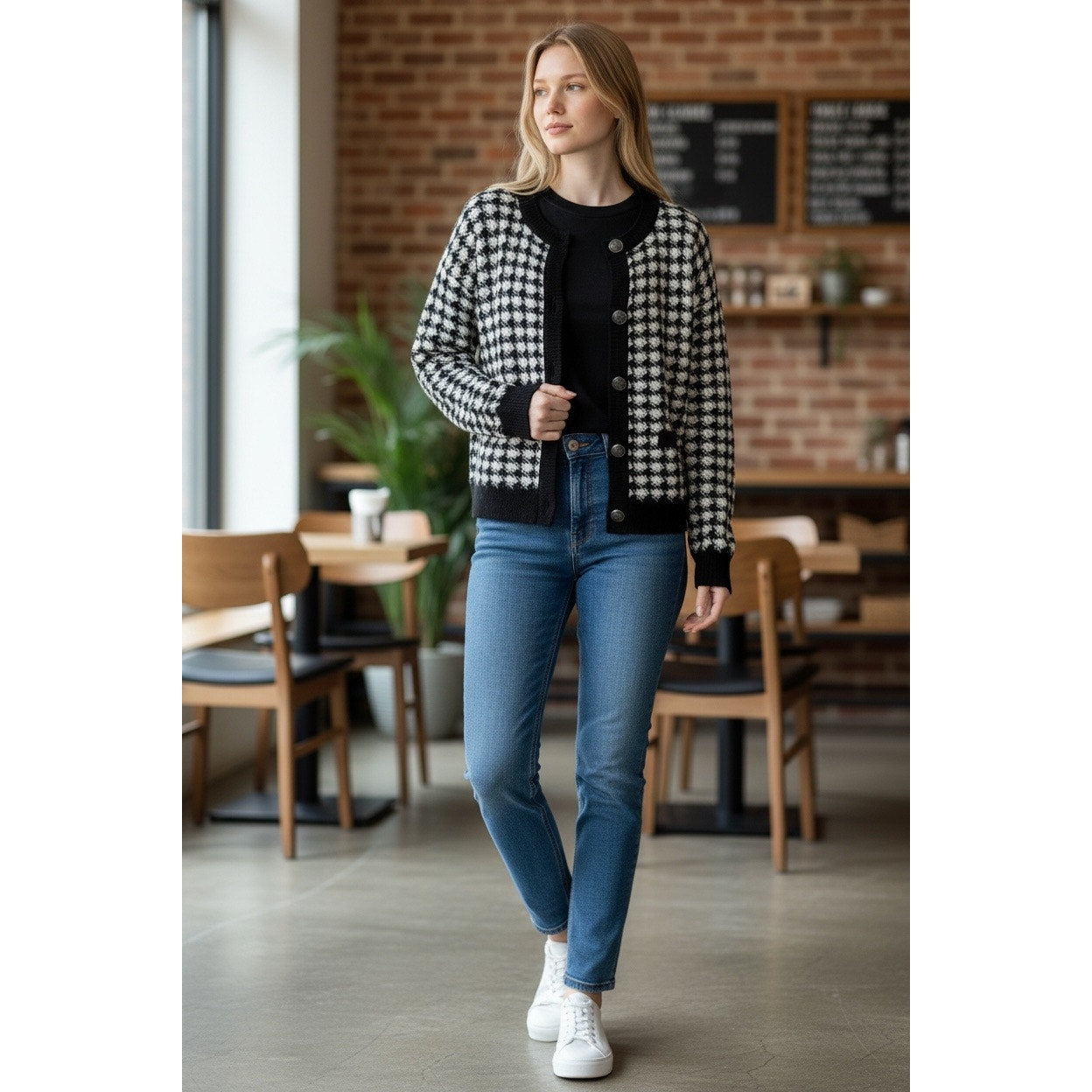 LOFT Shimmer Houndstooth Sweater Jacket Cardigan Black White Large