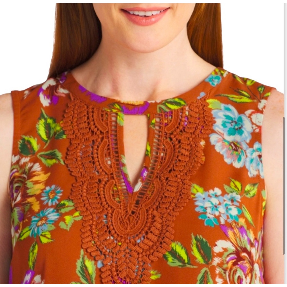 Daniel Rainn Floral Sleeveless Blouse w/ Crochet Detail | NEW| Size Medium