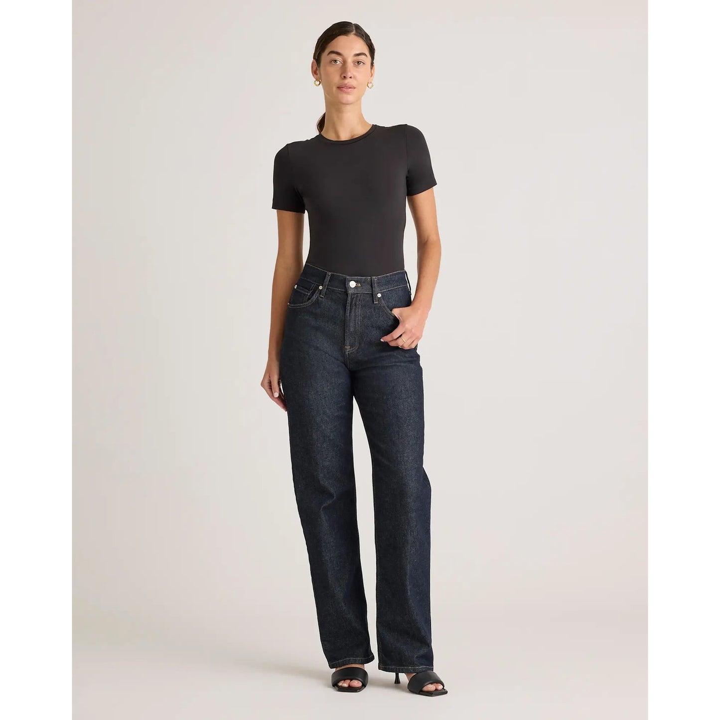 Quince Second Skin T-Shirt Bodysuit Medium Black Thong Back NEW