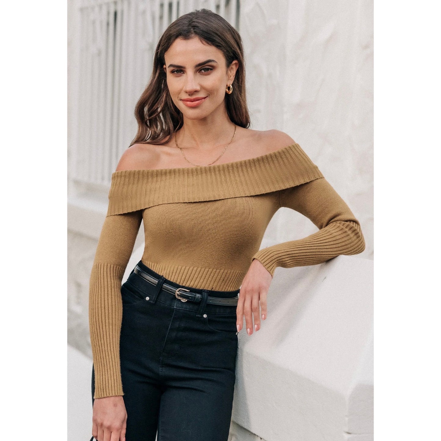 Cupshe Camel Off Shoulder Sweater Ribbed Knit Crop Top Size Medium NWT