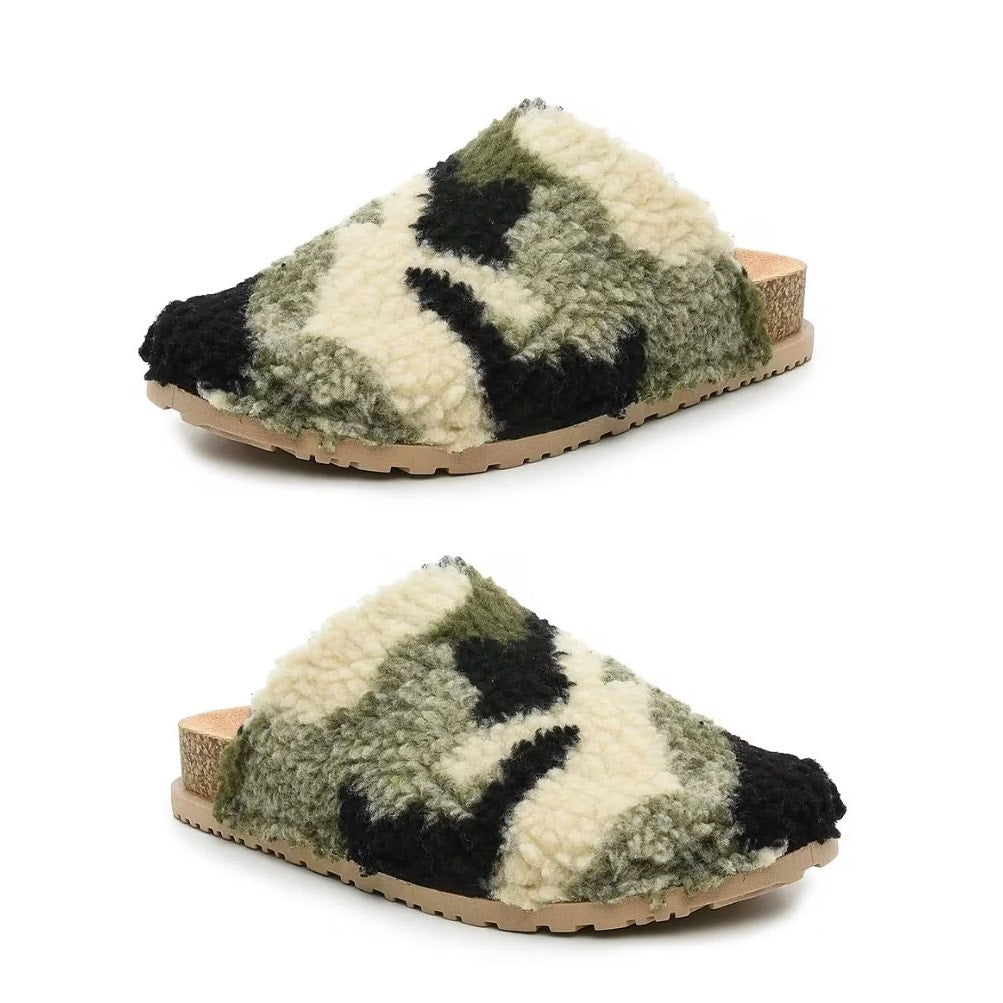 Nicole Miller Faux Fur Bondy Slippers – Green Camo | Women’s Size 6 | NEW