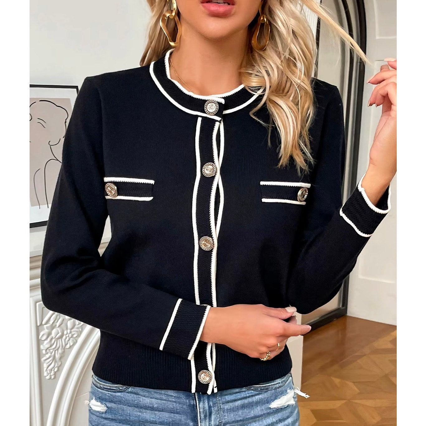 Knit Mix Frenchy Black Contrast Trim Cardigan Women’s XL Gold Button Parisian Chic Sweater