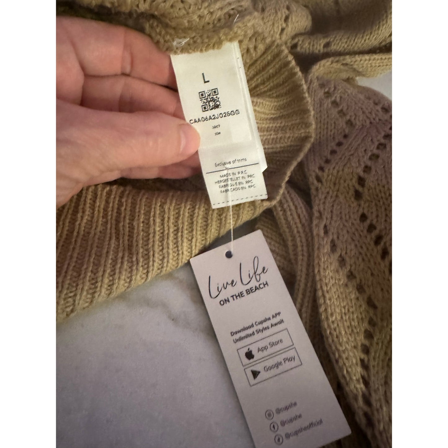 Cupshe Khaki Pointelle Knit Sweater NEW Large Crewneck Pullover