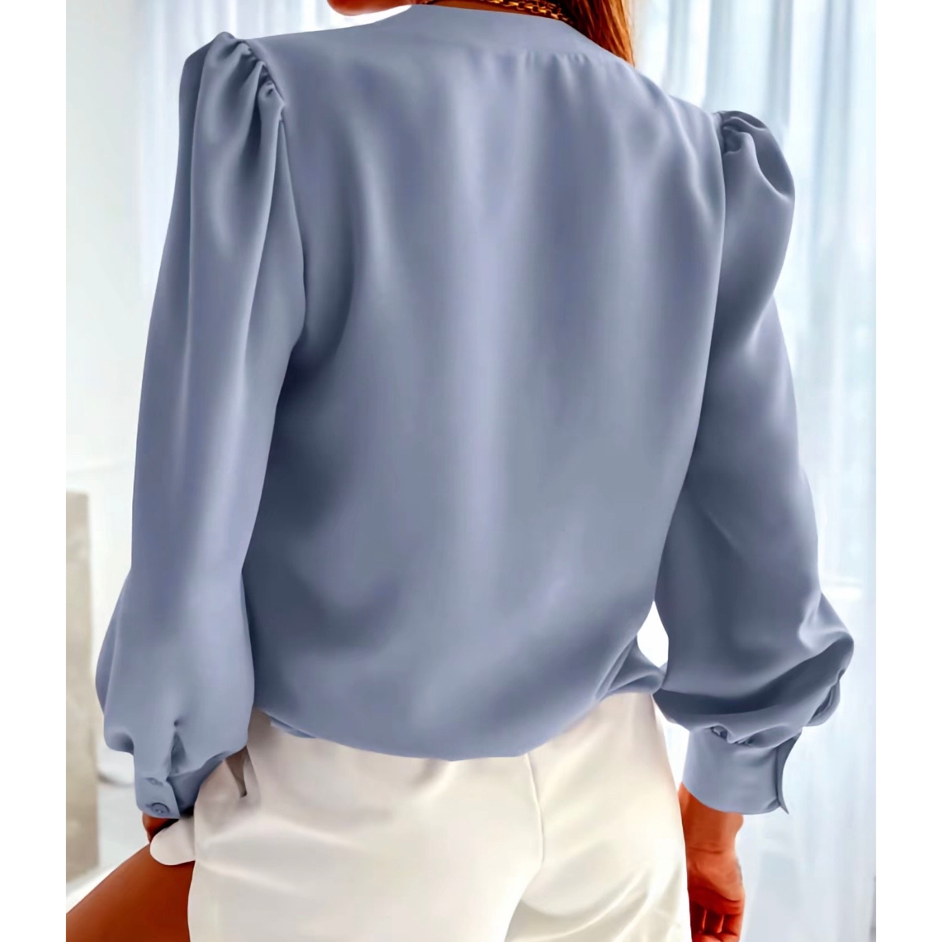 Imily Bela Boutique Blue Bishop Sleeve V-Neck Blouse Large