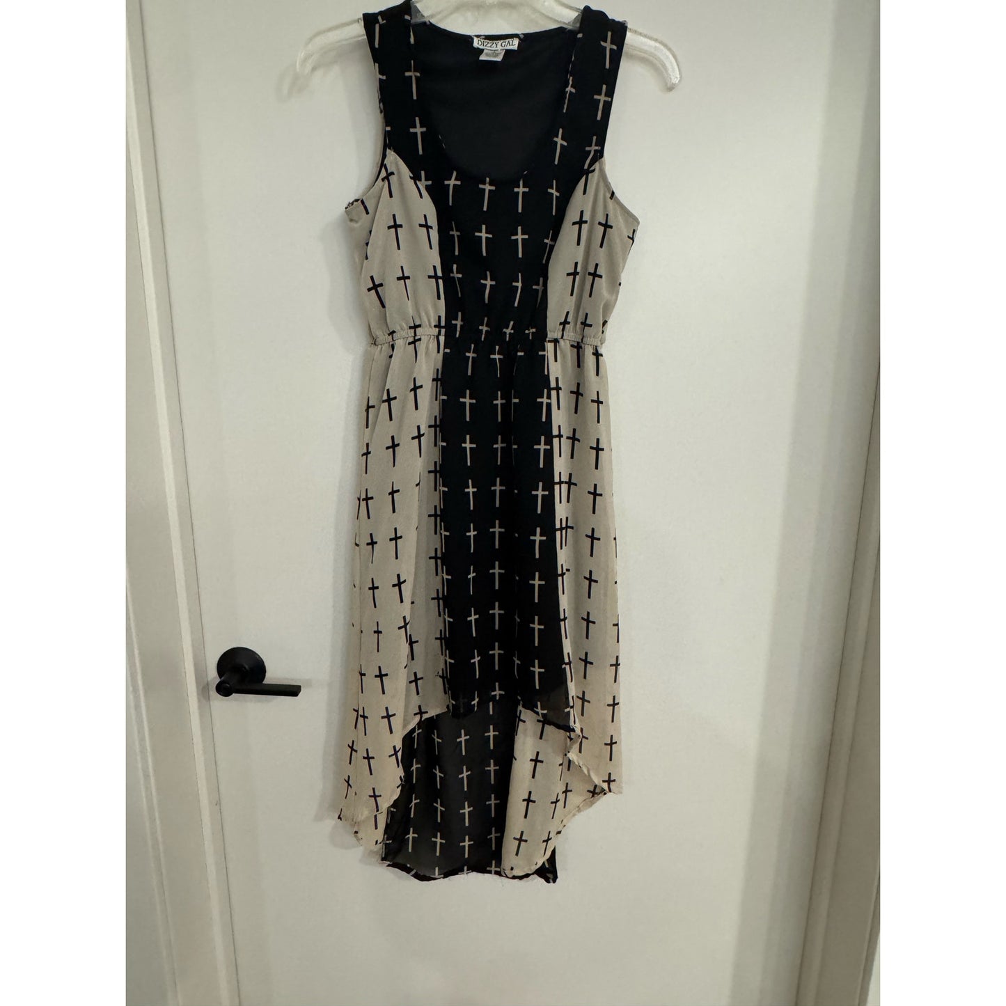 Dizzy Gal High-Low Dress | Black & Cream Cross Print | Size Small