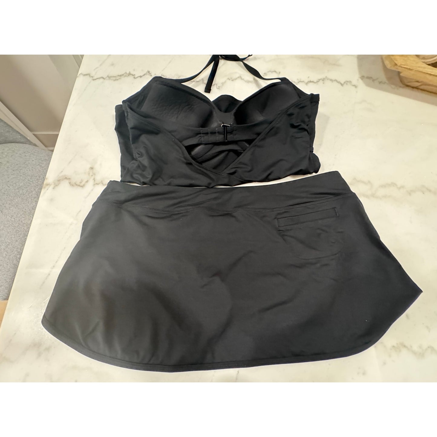 Athleta Black Tankini + Swim Skirt Set | Bra Sized 38D DD Halter Swimwear XL