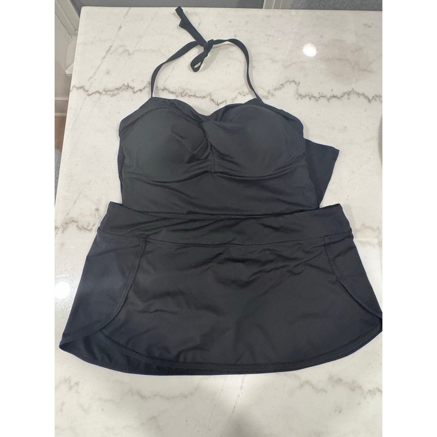 Athleta Black Tankini + Swim Skirt Set | Bra Sized 38D DD Halter Swimwear XL