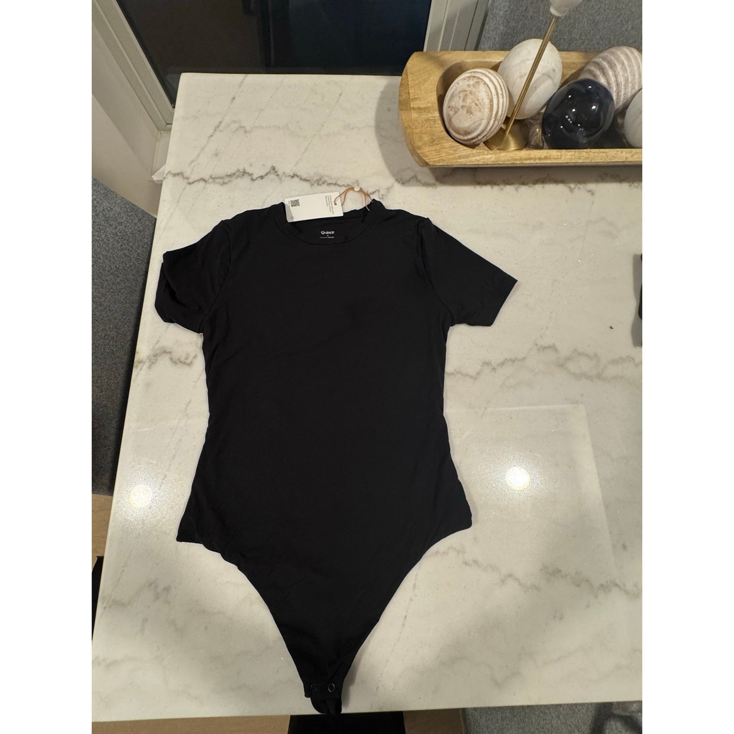 Quince Second Skin T-Shirt Bodysuit Medium Black Thong Back NEW