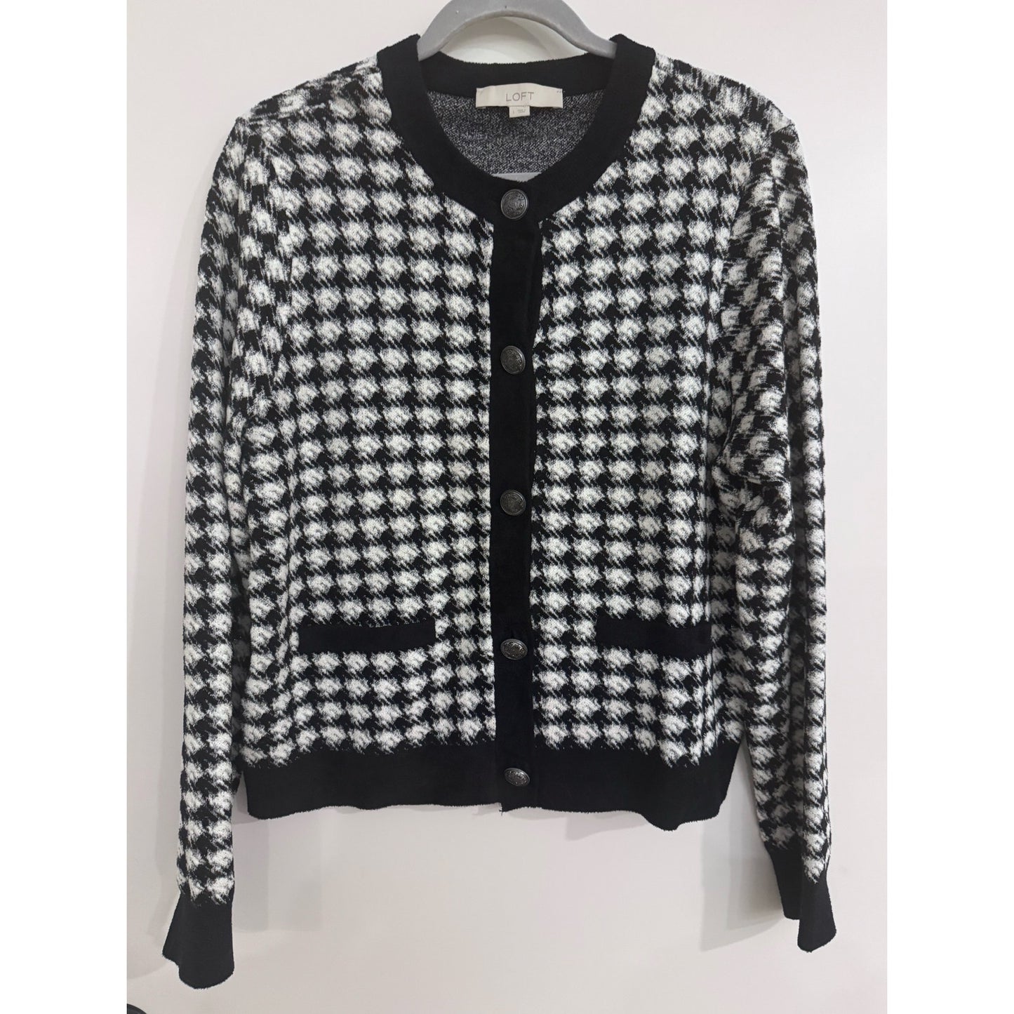 LOFT Shimmer Houndstooth Sweater Jacket Cardigan Black White Large