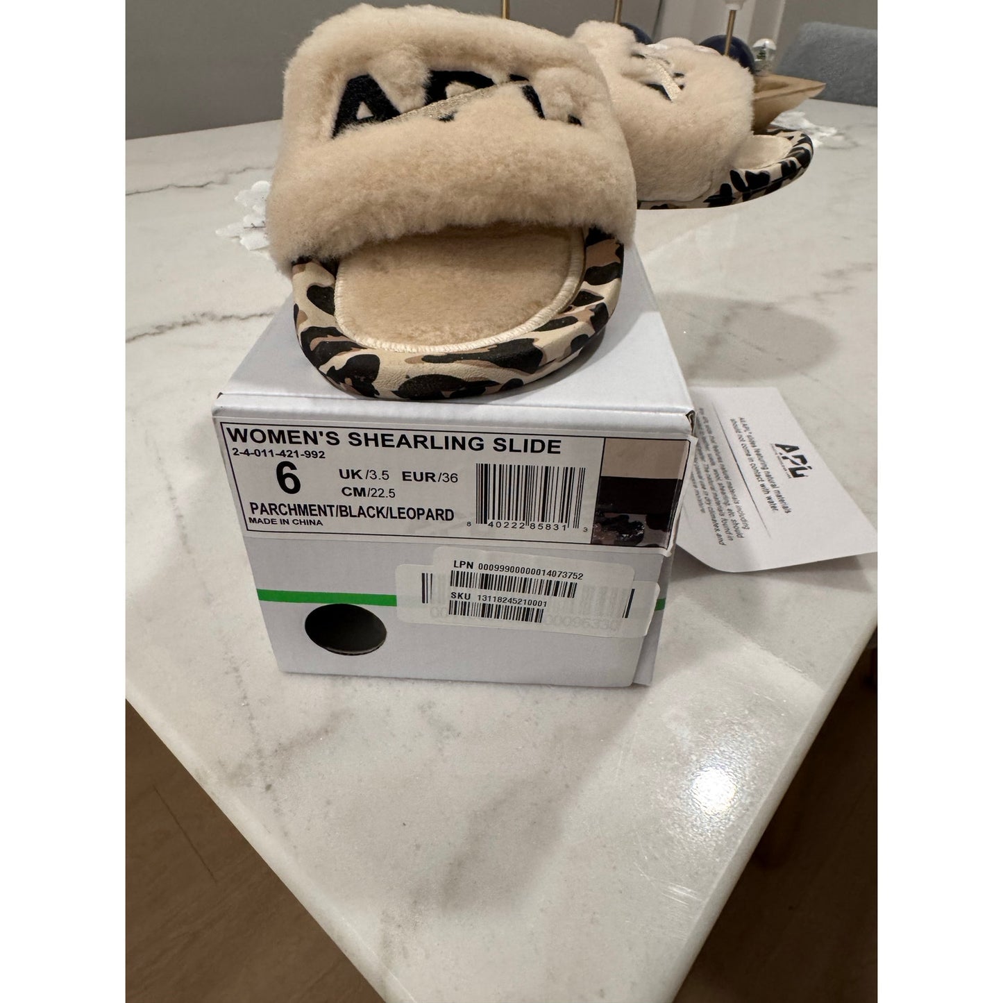 APL Women’s Shearling Slide Sandal – Parchment/Black/Leopard | Size 6 | NEW