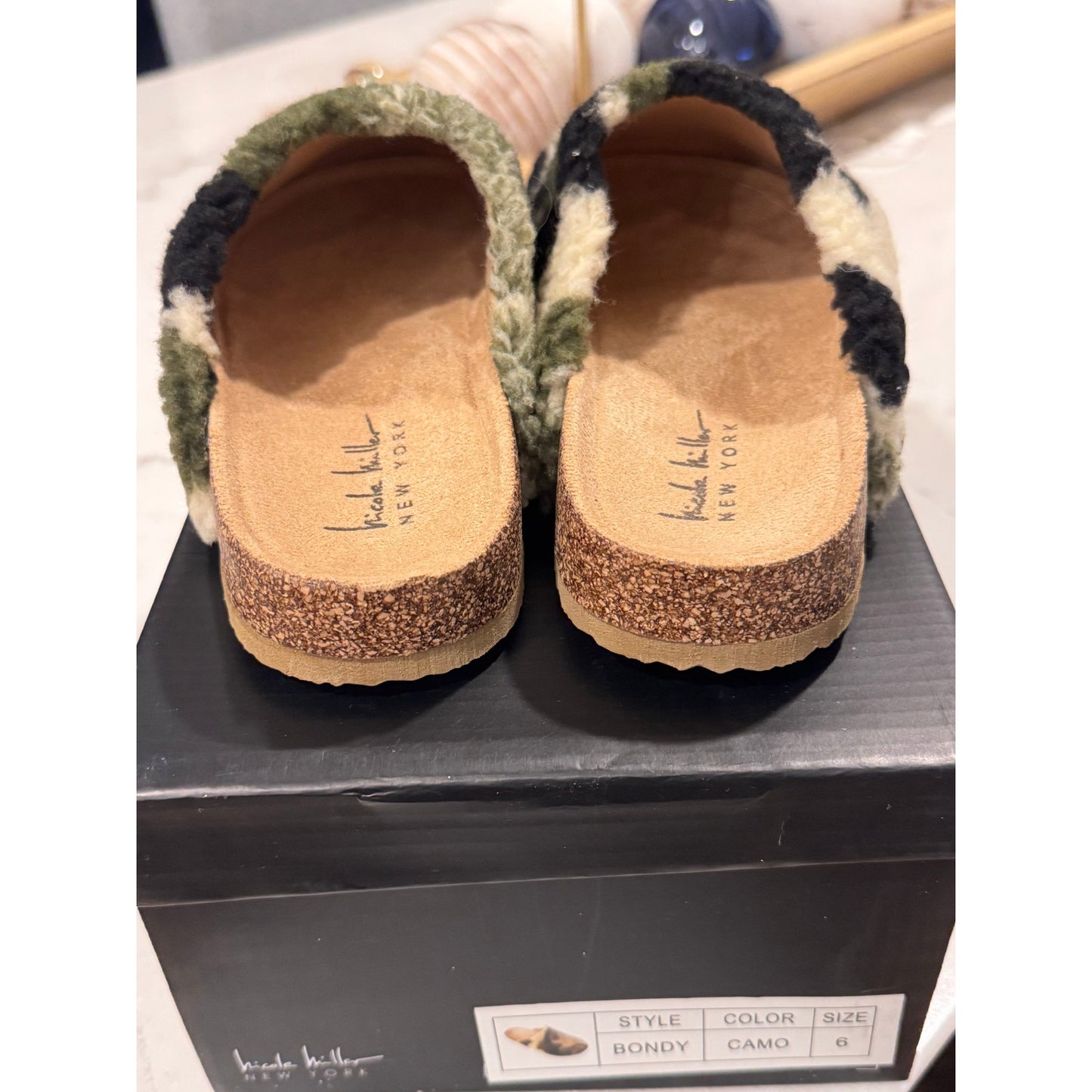 Nicole Miller Faux Fur Bondy Slippers – Green Camo | Women’s Size 6 | NEW