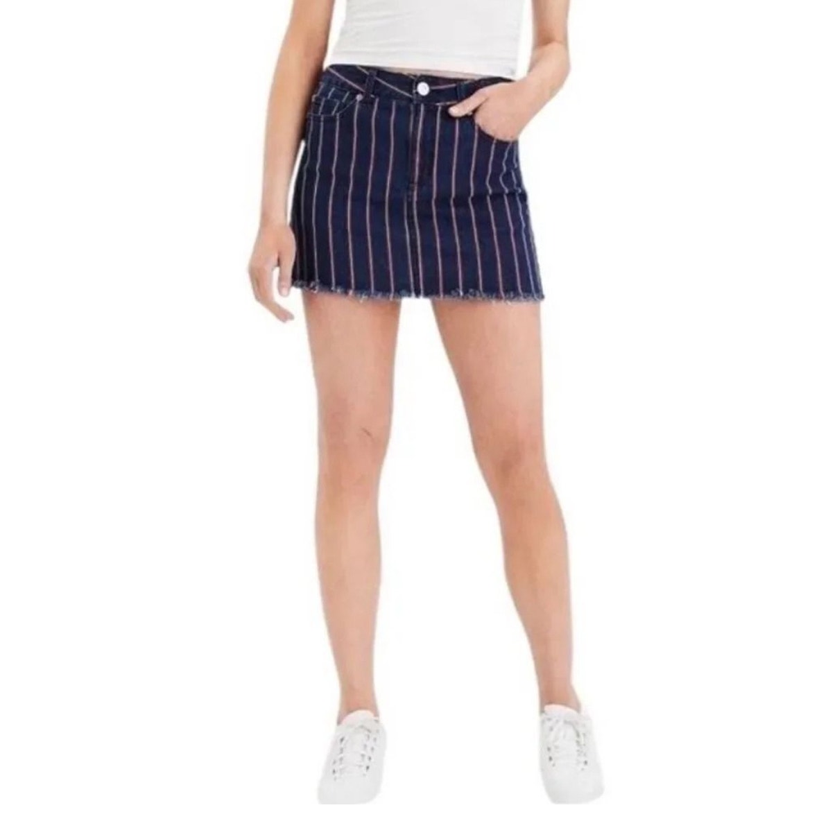 American Eagle High-Rise Striped Mini Skirt – Size 12, Super Stretch, Frayed Hem