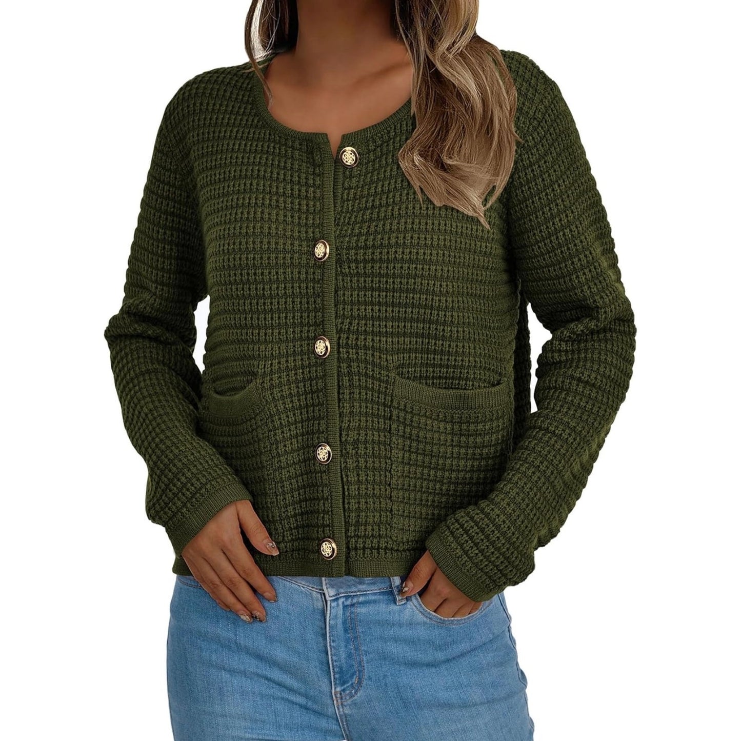 PRETTYGARDEN Army Green Knit Cardigan Sweater Women’s Size L Button Front Pocket