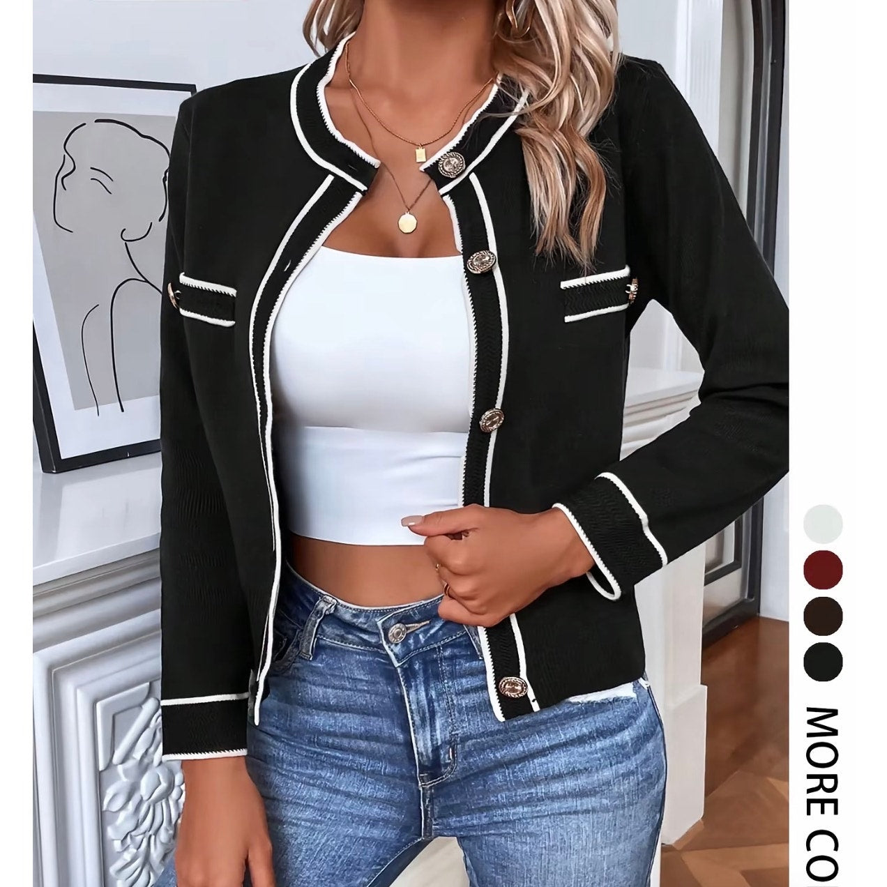 Knit Mix Frenchy Black Contrast Trim Cardigan Women’s XL Gold Button Parisian Chic Sweater