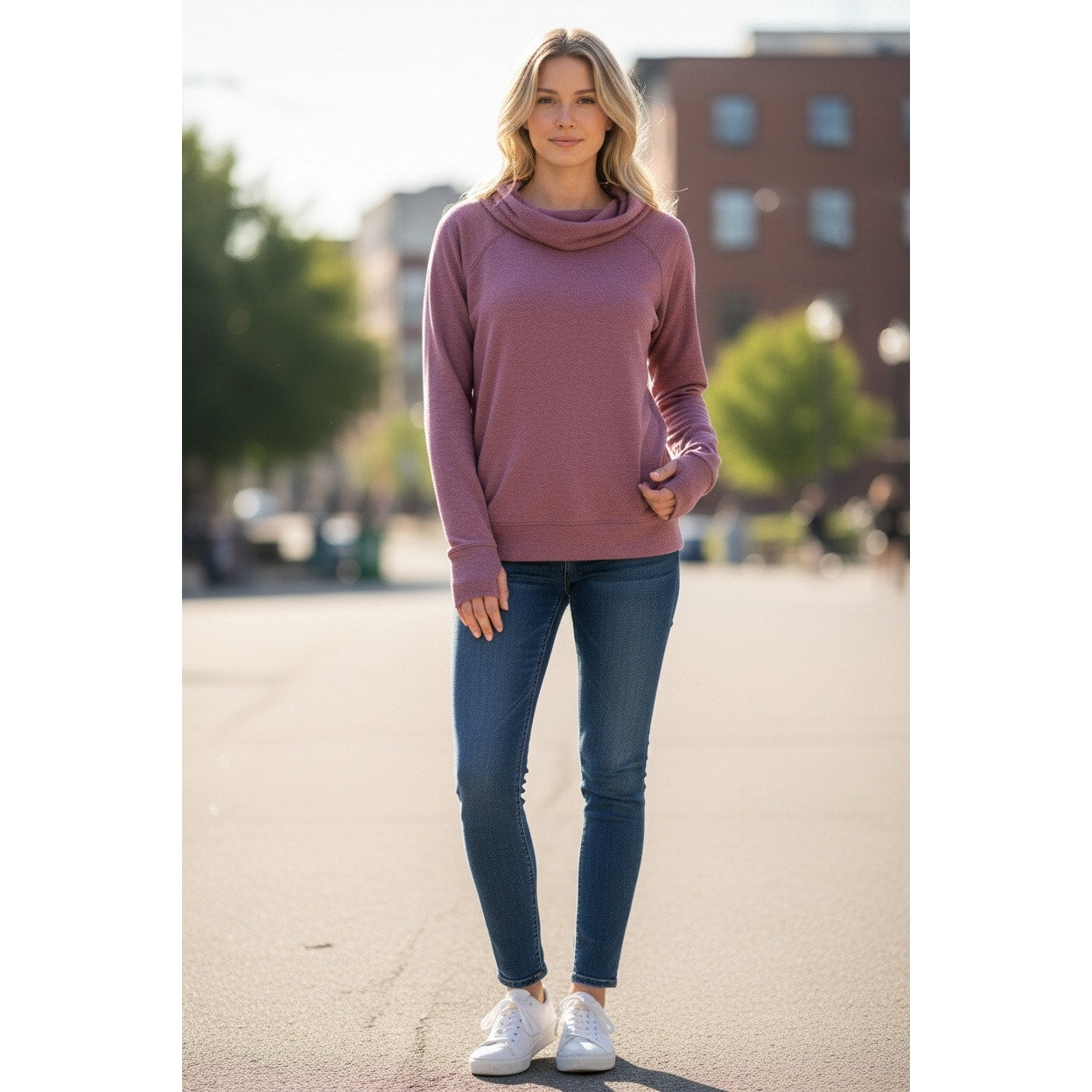 Athleta XL Oversized Cowl Neck Pullover Sweatshirt Mauve Thumbholes