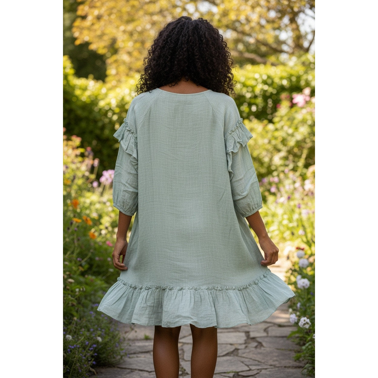 Hayden LA Dusty Mint Ruffle Tie Neck Dress Tunic | Size Large | Boho Cotton