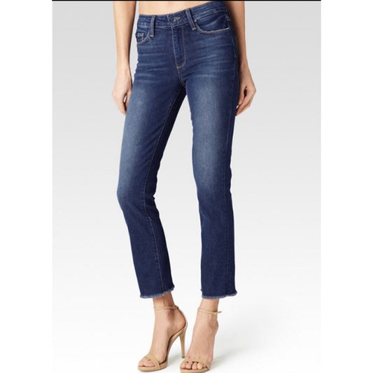 PAIGE Jacqueline Straight Raw Hem Jeans Size 32 Dark Wash Denim