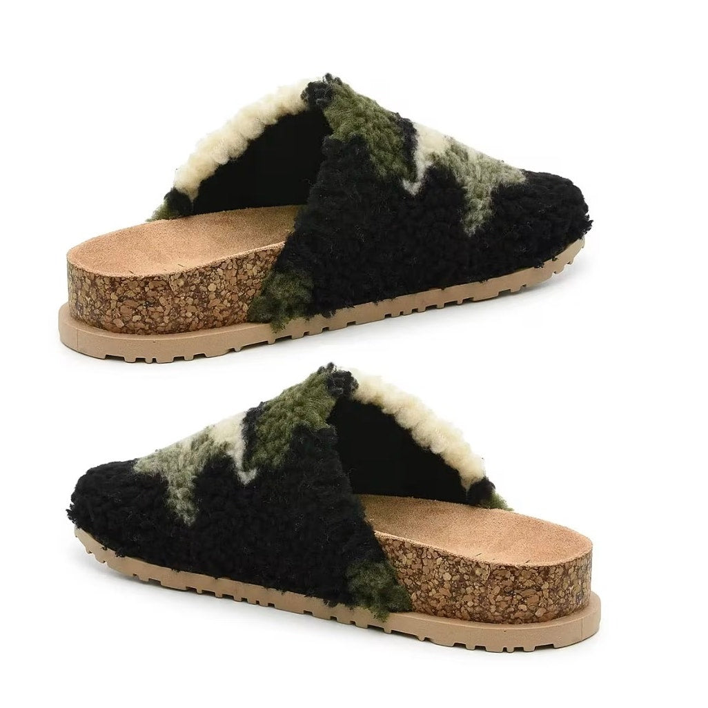 Nicole Miller Faux Fur Bondy Slippers – Green Camo | Women’s Size 6 | NEW