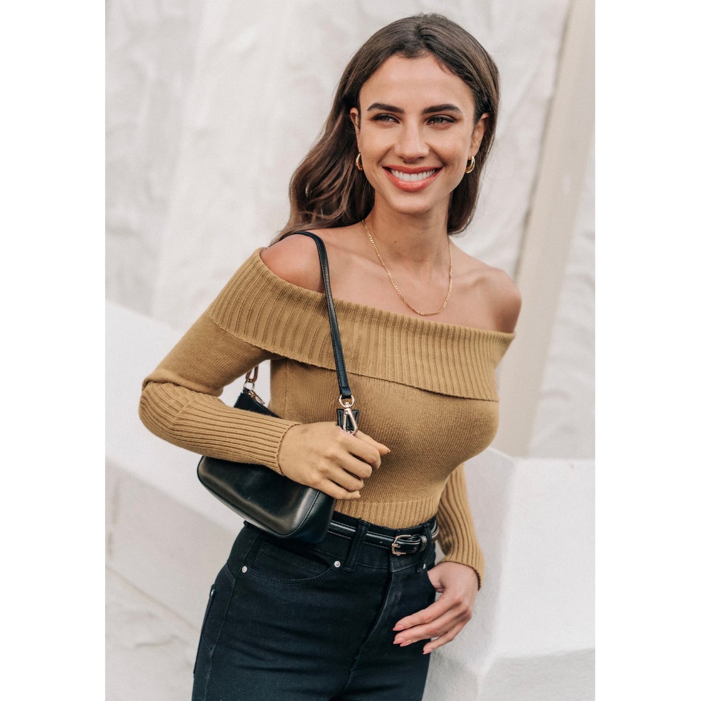Cupshe Camel Off Shoulder Sweater Ribbed Knit Crop Top Size Medium NWT