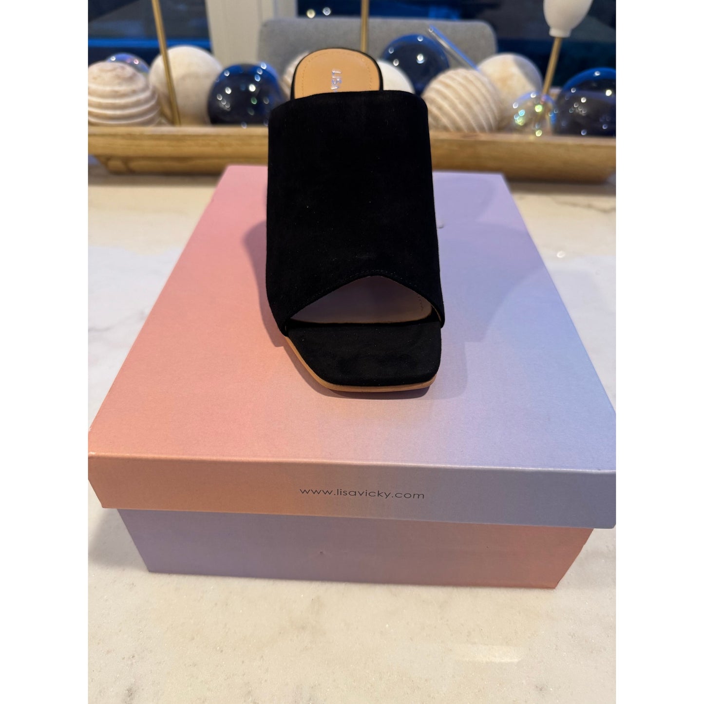 Lisa Vicky Virtue-V Black Kid Suede Block Heel Mules | Size 7 NEW