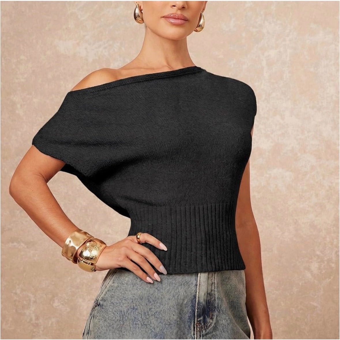 Hixiaohe Knit Top Medium Black Ribbed Boat Neck Sweater NEW