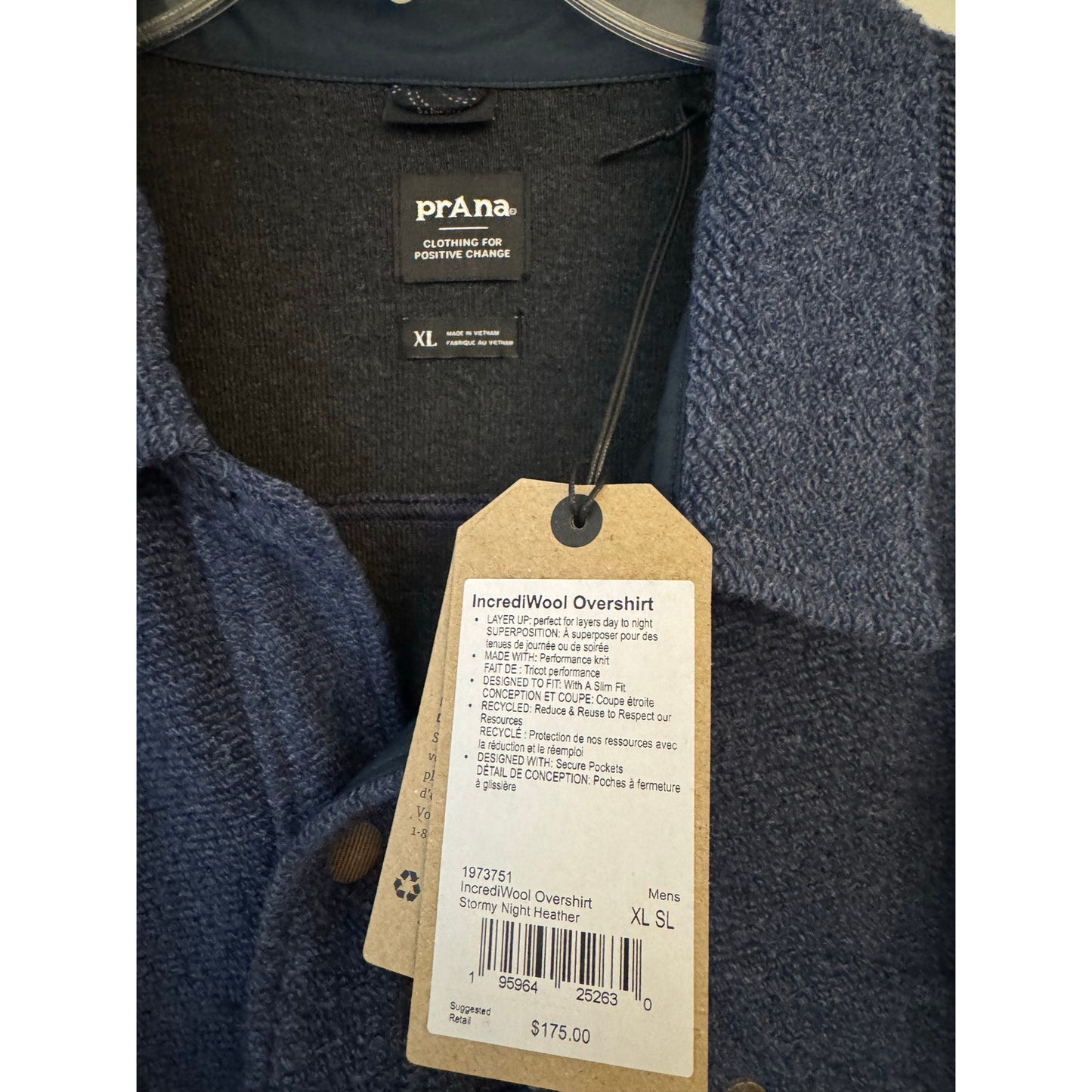 prAna IncrediWool Overshirt XL – Stormy Night Heather – NWT