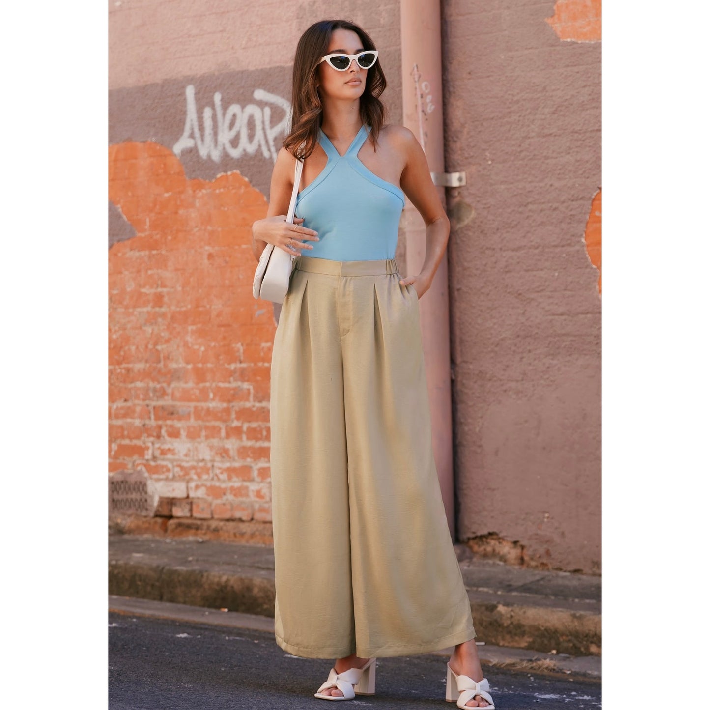 Cupshe Beige High Rise Wide Leg Trousers Elastic Waist Size Medium NEW