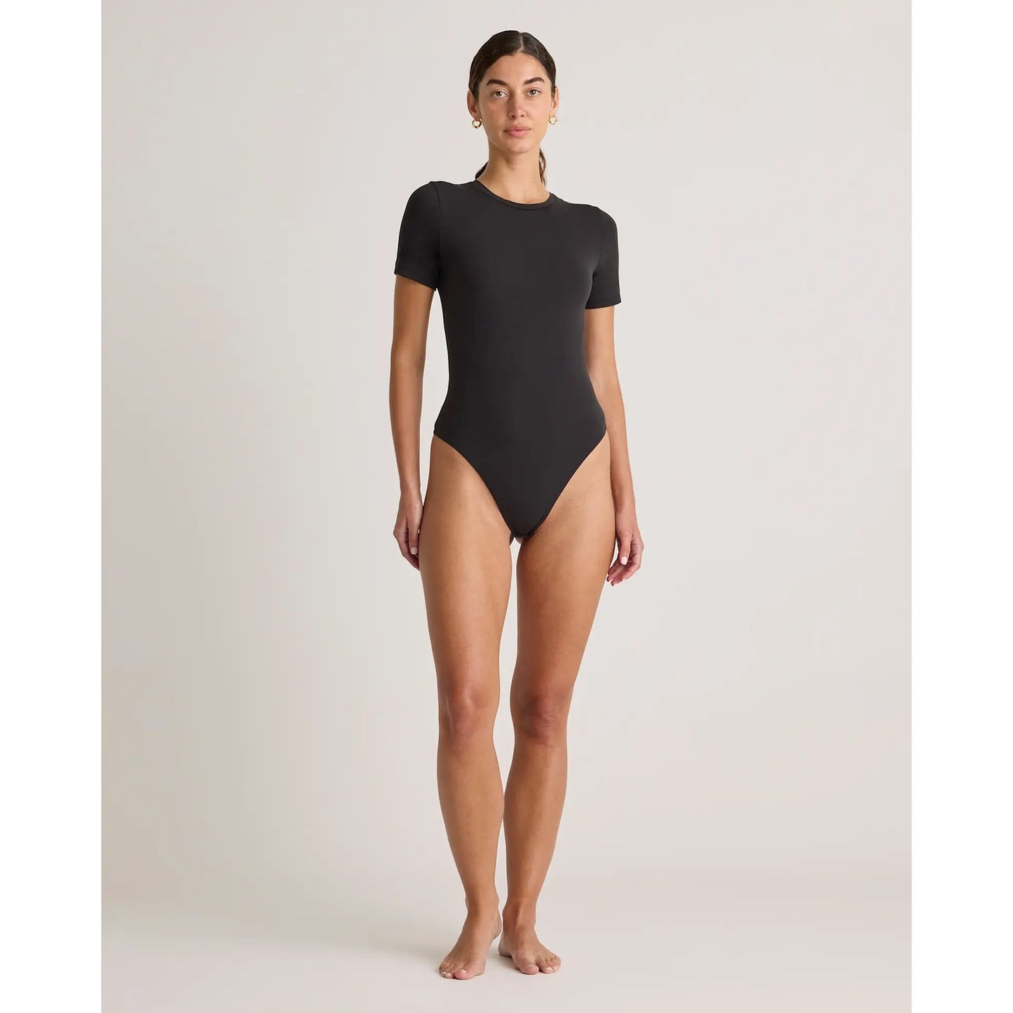 Quince Second Skin T-Shirt Bodysuit Medium Black Thong Back NEW
