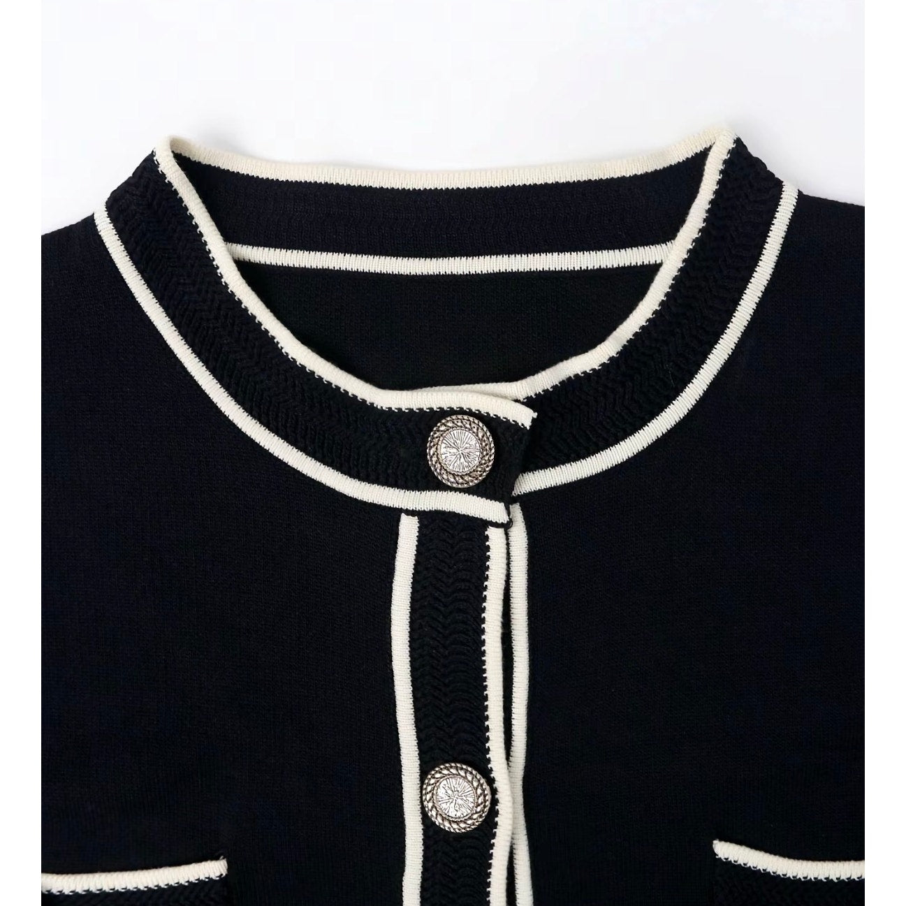 Knit Mix Frenchy Black Contrast Trim Cardigan Women’s XL Gold Button Parisian Chic Sweater